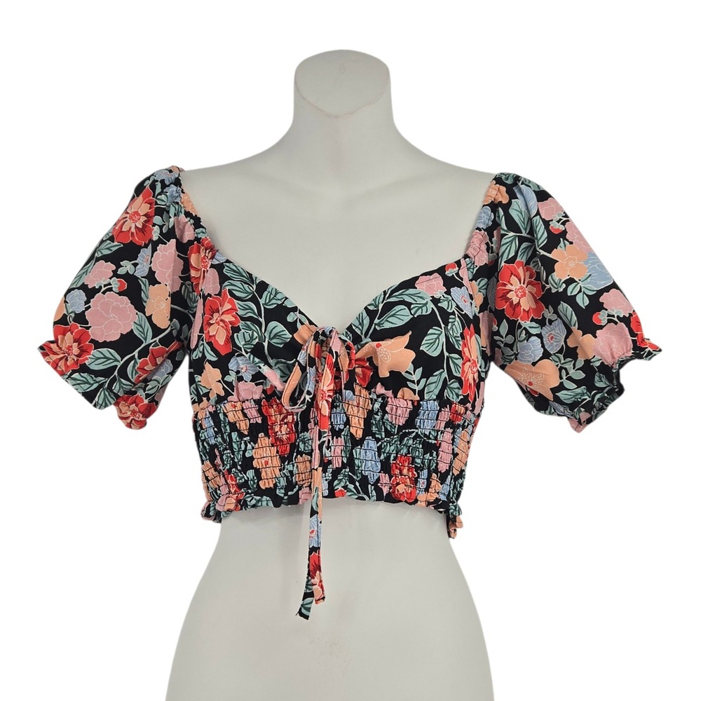 BOG Collective Crop Top Women M Floral Puff Sleeve Smocked Blouse Festival Boho